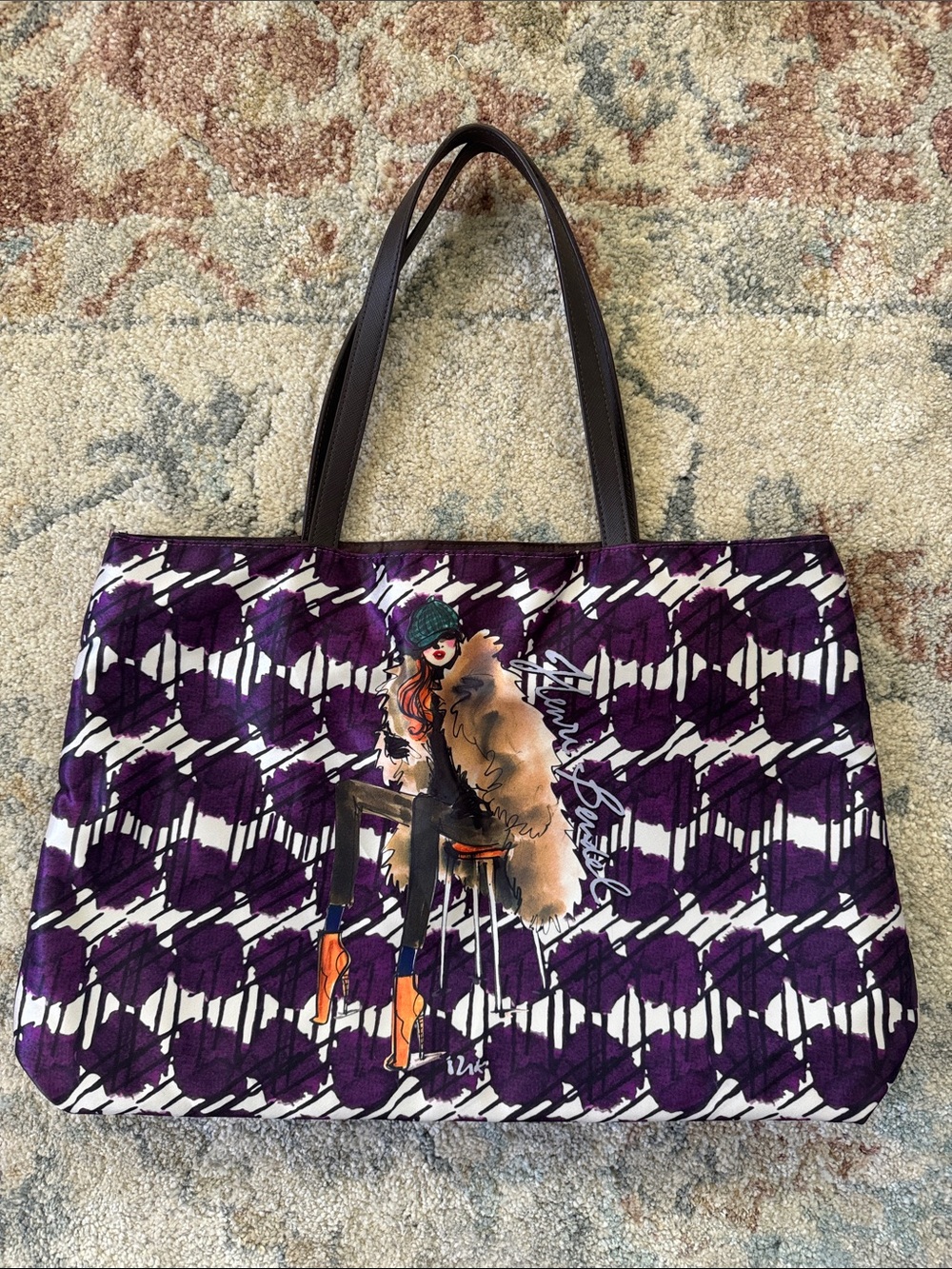 henri bendel Purple White & Brown Illustrated Tote